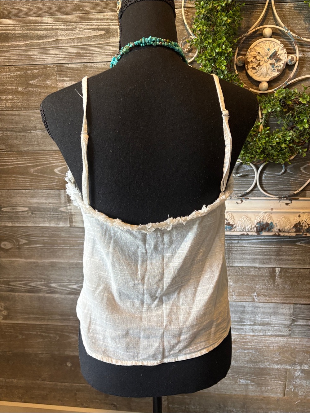 Boho Embroidered (Size M) Women's Cream Fringe-Trim Button Front Cami Top - Picture 8 of 10